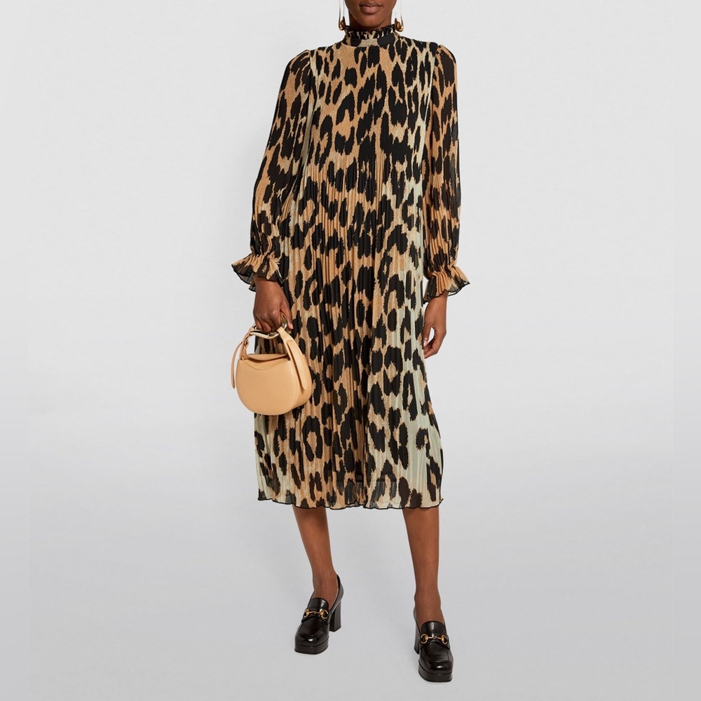 GANNI Pleated Georgette Leopard-Print Long Sleeve Midi Dress